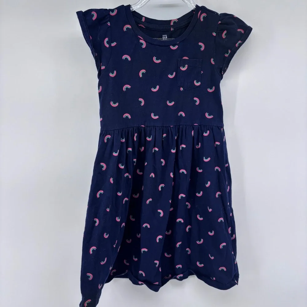 Baby Gap Girls Navy Blue Rainbow Print Pocket Flutter Sleeve Dress